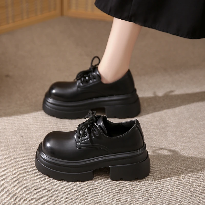英伦风厚底大头小皮鞋女2024秋冬新款系带软妹松糕鞋增高乐福女鞋