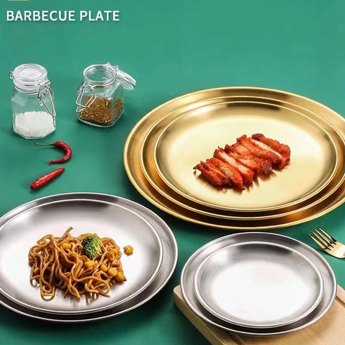 （买一送一）20CM不锈钢盘子餐盘韩式烤肉盘圆盘托盘西餐盘烧烤骨碟