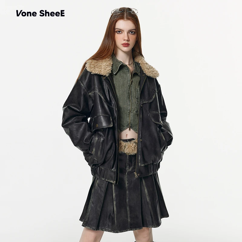 Vone SheeE  韩版可拆卸毛领擦色皮设计感夹棉加厚pu皮棉衣外套女
