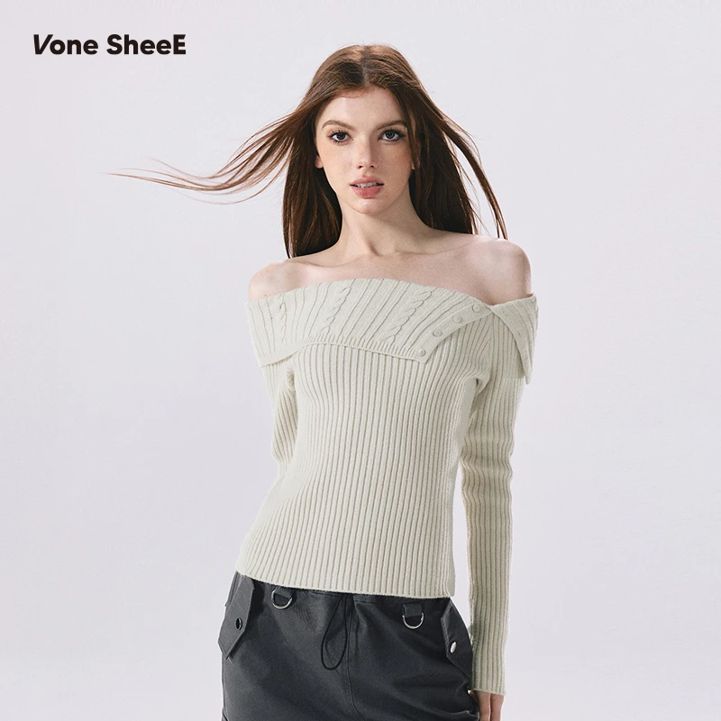 Vone SheeE美式复古一字肩毛衣女2024秋季新款针织衫显瘦打底上衣