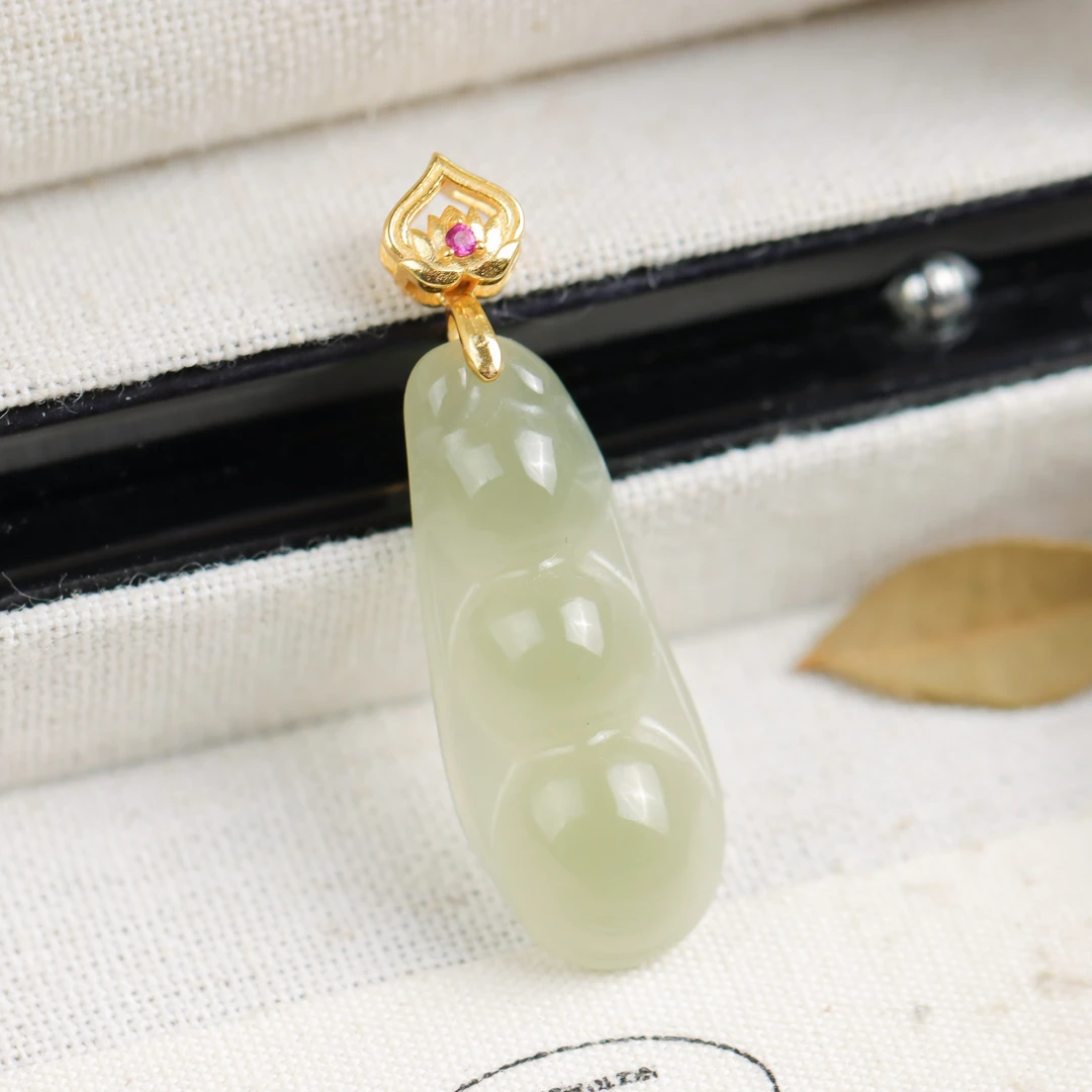 S925银镀金镶嵌和田玉青玉豆子气质百搭送礼女款吊坠 不含链