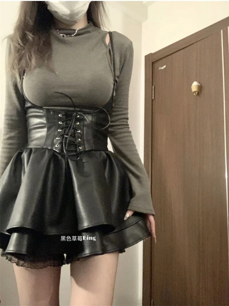 甜辣妹背带裙子2023早春季小众设计感束腰绑带蓬蓬裙pu皮连衣裙女