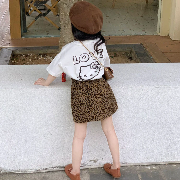 女童夏季洋气套装时尚卡通印花T恤+豹纹短裙女孩夏装两件套休闲