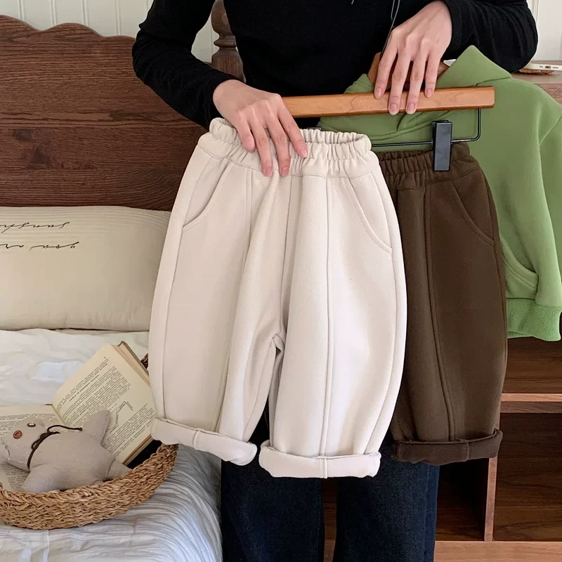 儿童加绒休闲裤2024秋冬季新款一体绒男童女童时尚百搭直筒裤韩版