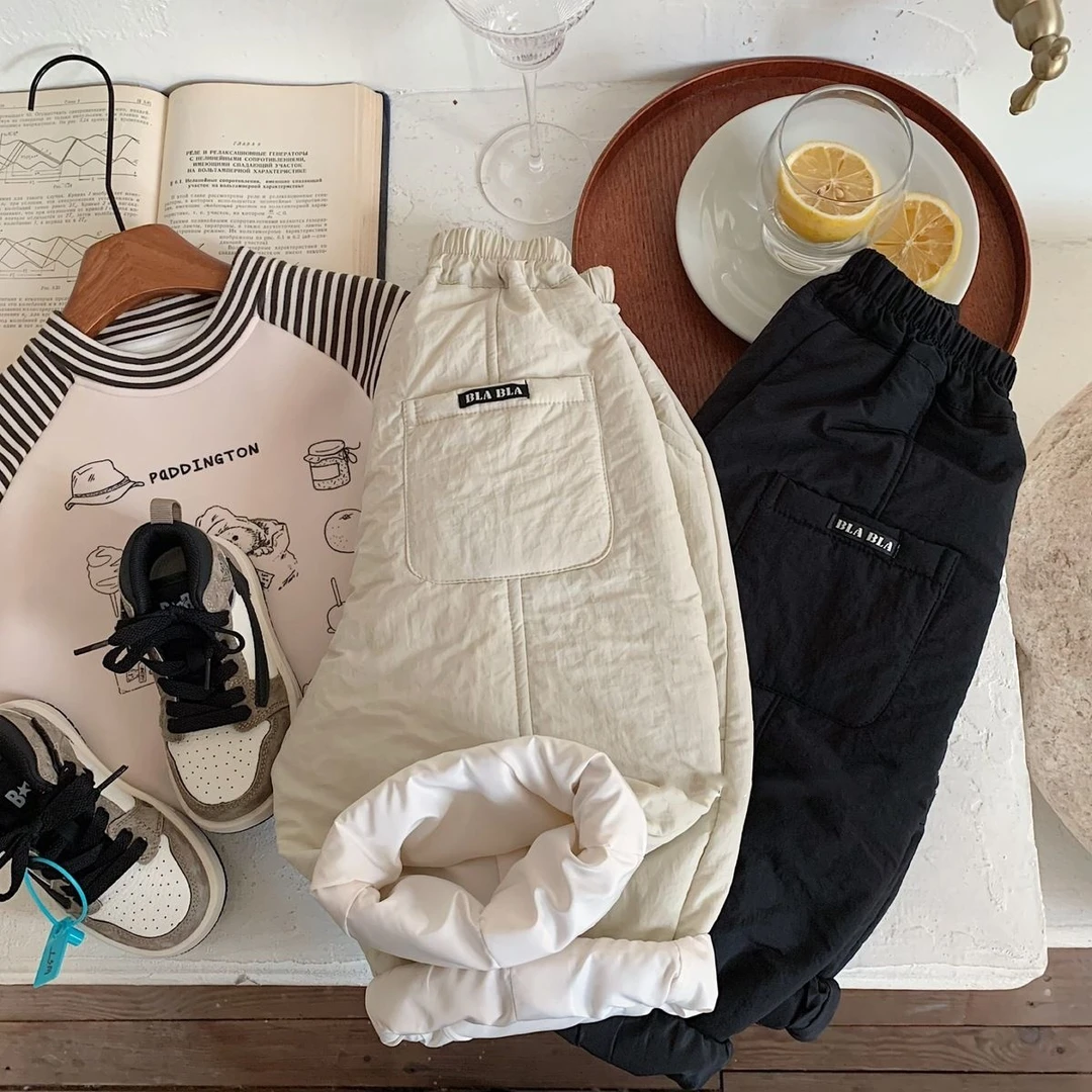 儿童秋冬棉裤2024男女童新款简约韩版夹棉长裤宝宝冬季纯色休闲裤