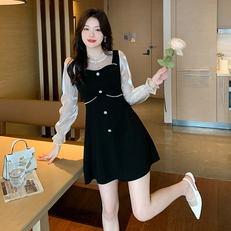 高级感150cm145小个子显高连衣裙女春季法式收腰显瘦气质小黑裙子