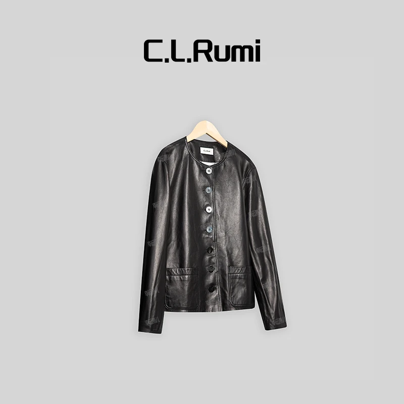 【Rumi精选】“繁花”琎口羊皮牛角扣中古印花真皮圆领皮衣外套6112wt
