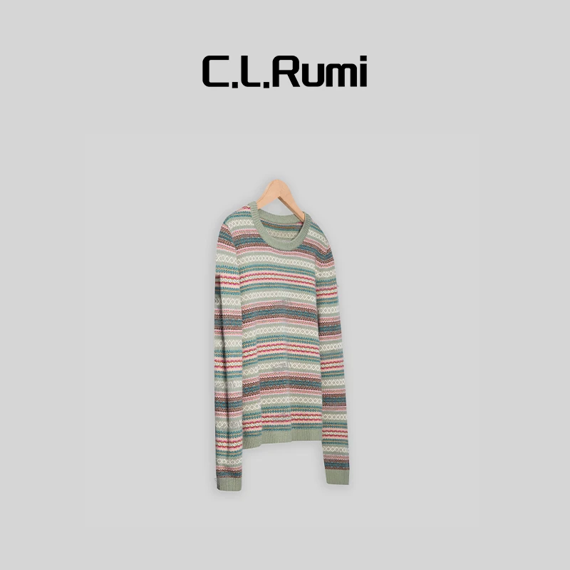 【Rumi时装】“丹尼费尔岛”百搭宽松显瘦提花条圆领长袖上衣6091my