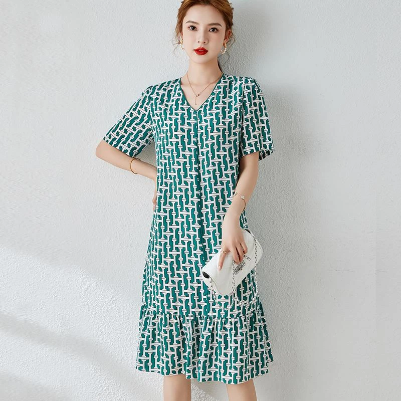 Q8886恩纳斯夏季新款印花真丝连衣裙夏新款洋气桑蚕丝裙