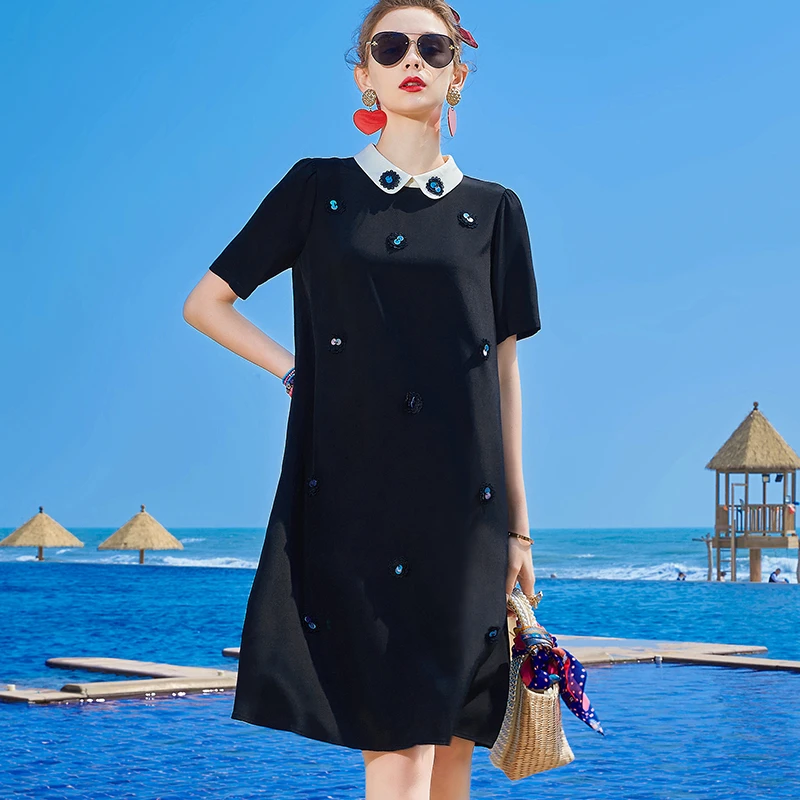 Z8898恩纳斯真丝连衣裙夏季新款洋气娃娃领小个子桑蚕丝