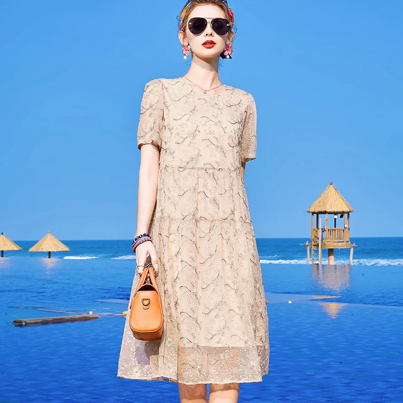 E8062恩纳斯大码刺绣裙子女2025秋季新款高腰桑蚕丝连衣裙