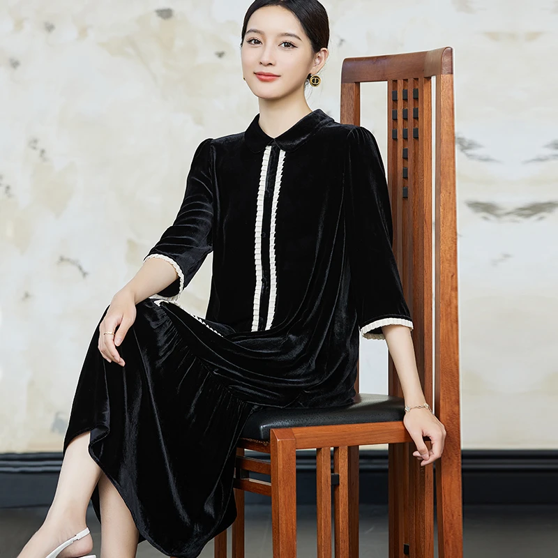 R9518气质真丝丝绒连衣裙2025高级显瘦七分袖桑蚕丝裙子女秋