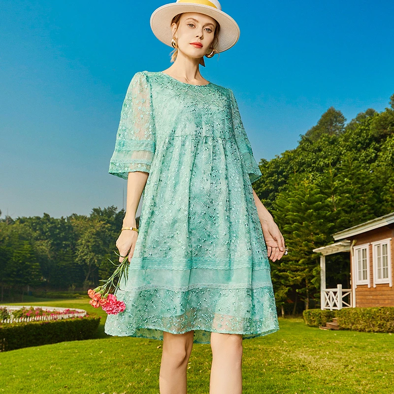 E6569恩纳斯真丝连衣裙女秋季拼接长款绣花桑蚕丝连衣裙