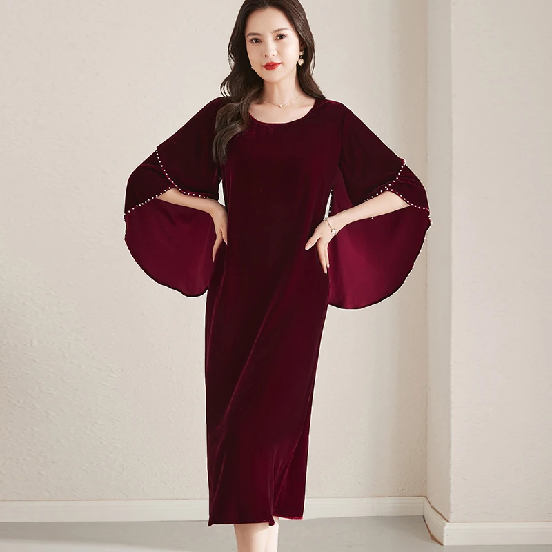 R5815恩纳斯真丝丝绒连衣裙荷叶袖气质桑蚕丝裙