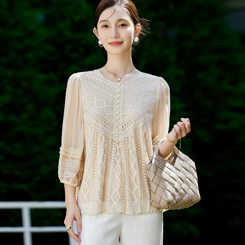 E6575刺绣真丝上衣女2025服装秋七分袖桑蚕丝小衫女