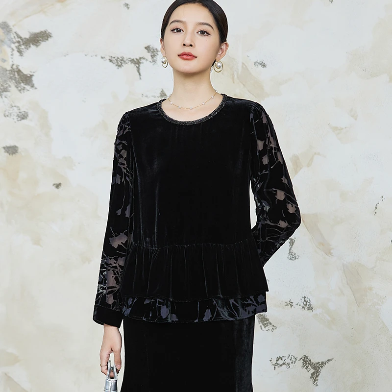 【田老板专属】R9562高贵真丝丝绒上衣女圆领百搭优雅风桑蚕丝小衫