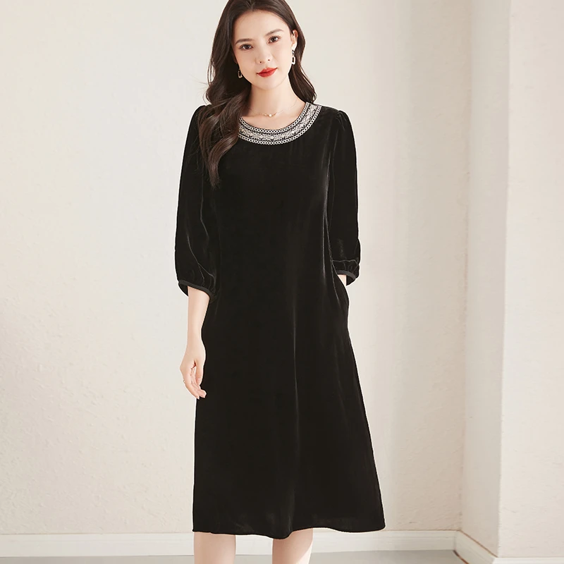 R8628恩纳斯贵夫人丝绒连衣裙2025简约真丝桑蚕丝连衣裙