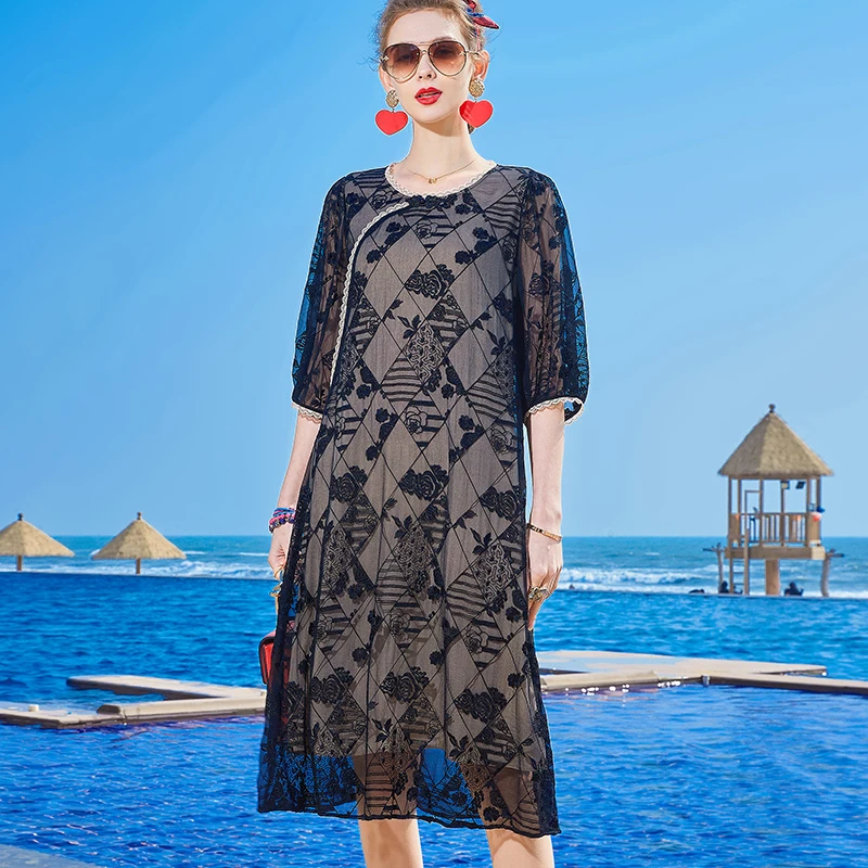 E8058恩纳斯改良旗袍刺绣女夏季新款显瘦真丝桑蚕丝连衣裙