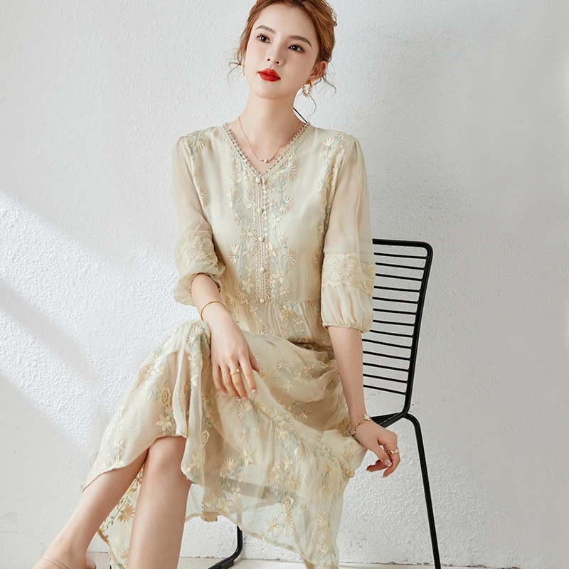 【田老板专属】E8021恩纳斯奢华连衣裙大牌刺绣中长款洋气桑蚕丝