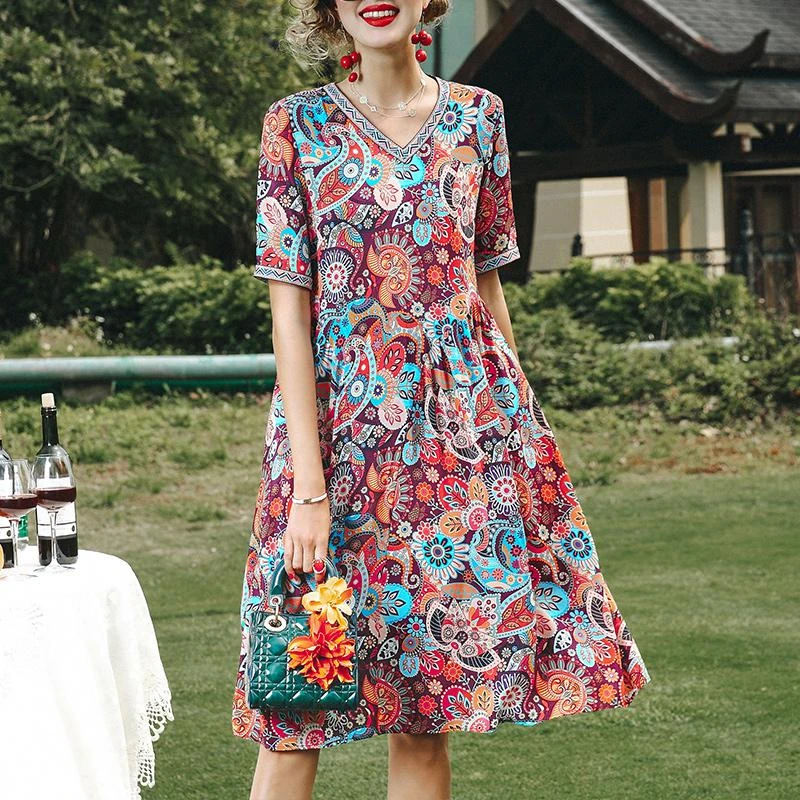 98133S恩纳斯夏季民族风真丝印花大码显瘦连衣裙