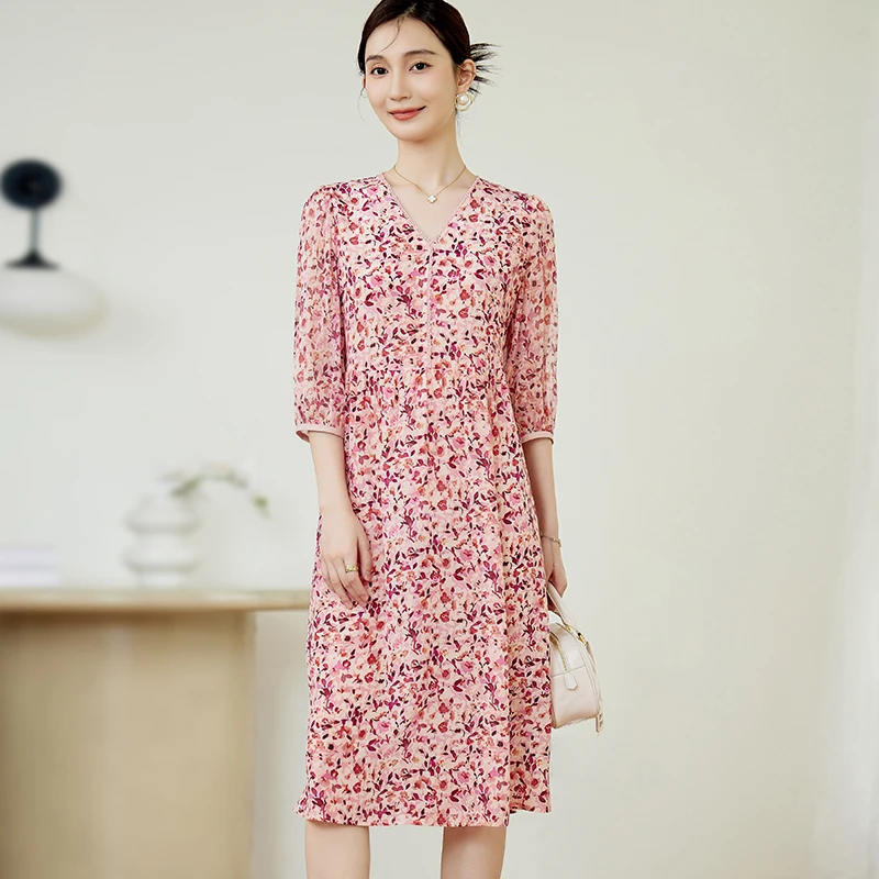 Q9818印花真丝连衣裙2025新款减龄时尚碎花桑蚕丝连衣裙