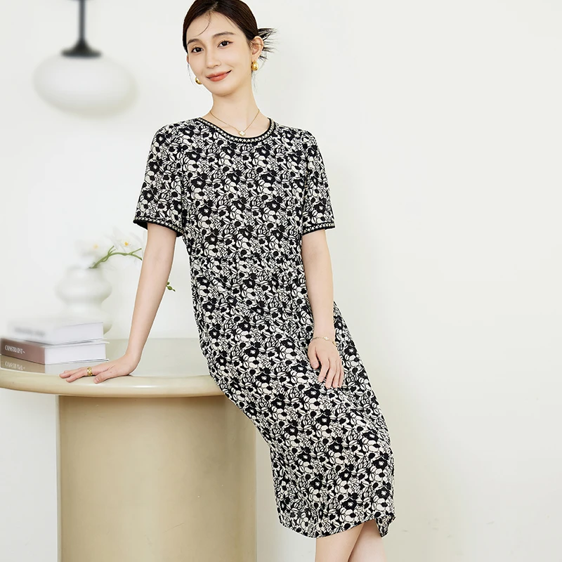 Q9855气质印花桑蚕丝裙子女2025夏季新款大码宽松高端真丝连衣裙