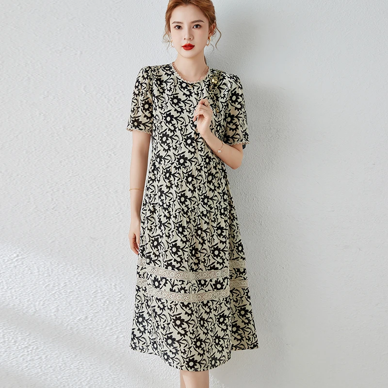 【木南·Oli 新裳】S8851恩纳斯真丝印花桑蚕丝连衣裙复古中长款女夏