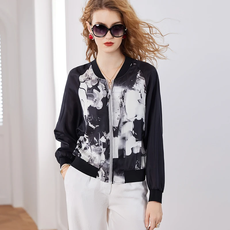 Z9262恩纳斯印花真丝外套2025年新款拼接大牌设计桑蚕丝上衣