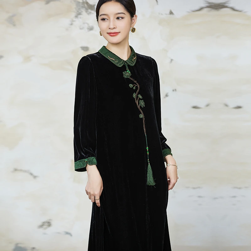 R9515优雅丝绒裙子女2025新款大牌轻奢刺绣丝绒连衣裙
