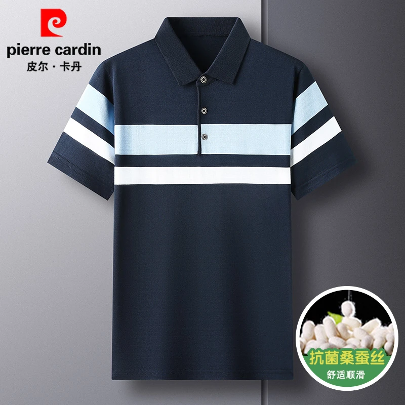 皮尔卡丹夏季男士新款含桑蚕丝条纹商务休闲翻领薄款短袖polo衫