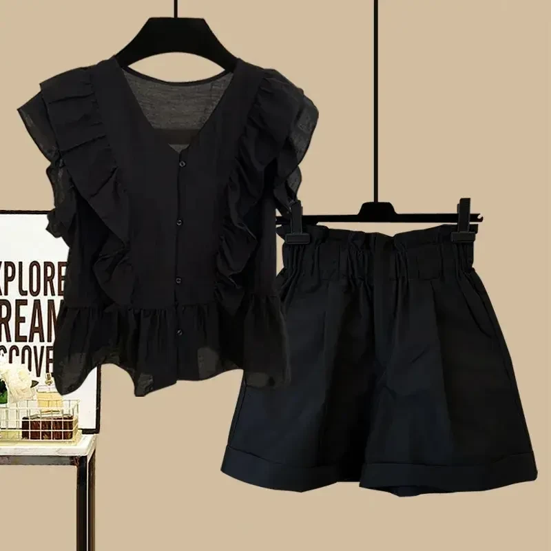 2024夏季新款黑色v领雪纺娃娃衫女荷叶边无袖上衣衬衫时尚短裤女
