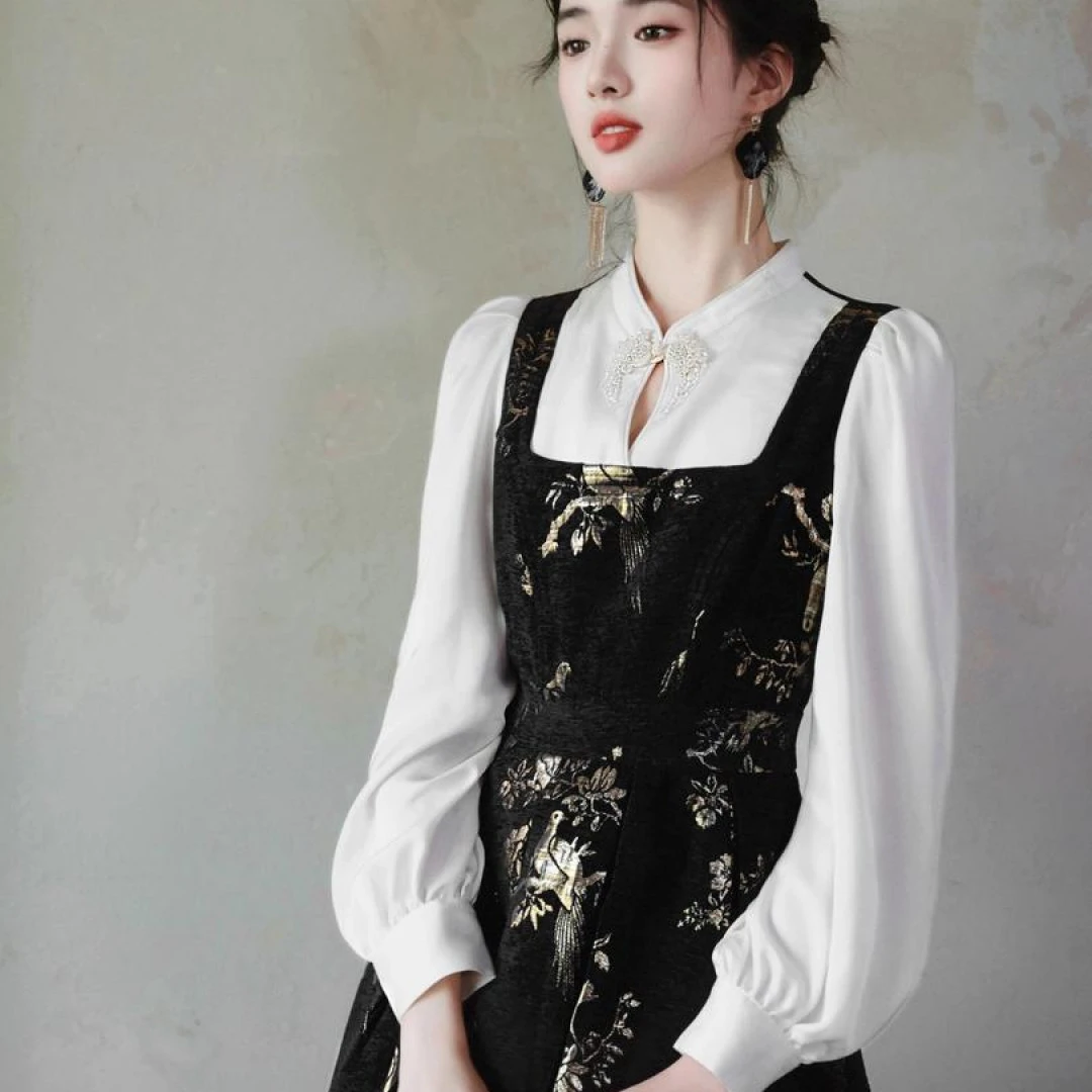 新中式黑色假两件连衣裙2024秋季新款显瘦收腰国风复古气质长裙子