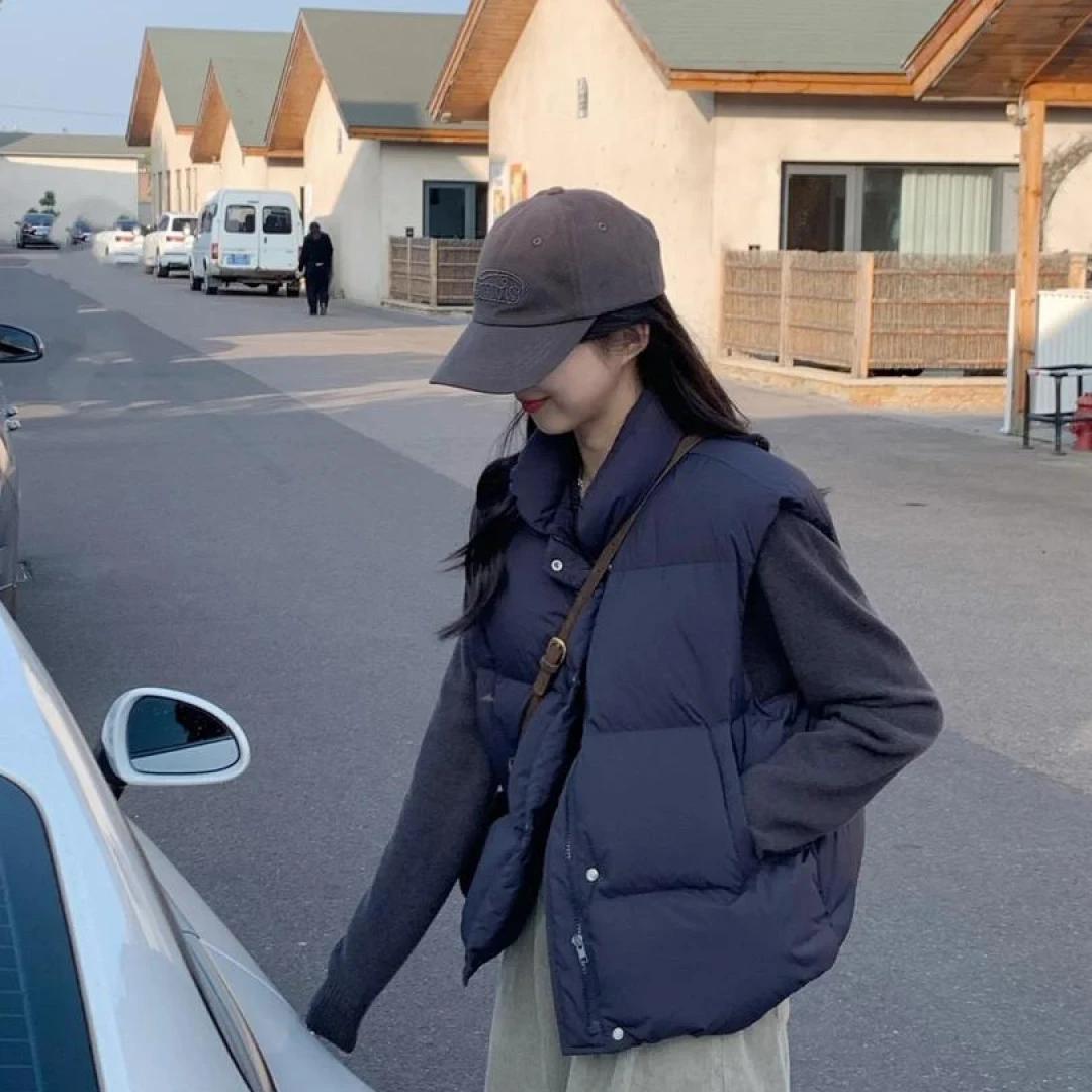 2024秋冬新款高级感藏青色棉服马甲女搭配高领针织开衫上衣两件套