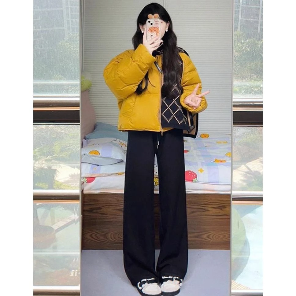 黄色短款宽松别致小个子棉服面包服女2024冬季新款高腰休闲裤套装