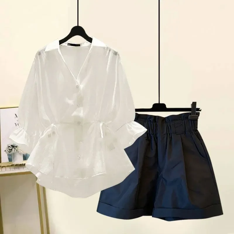 夏季2024新胖MM遮肉休闲阔腿短裤通勤两件套大码设计感衬衫套装女
