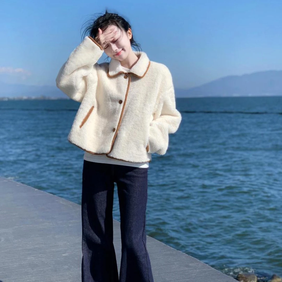 2024秋冬新款小个子韩系温柔风仿羊羔毛外套搭配休闲裤保暖两件套
