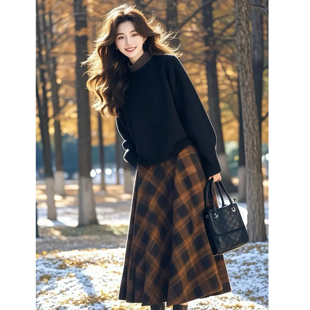 减龄搭配一整套小香风棕色格纹套装裙女款2024年新款冬季入冬穿搭