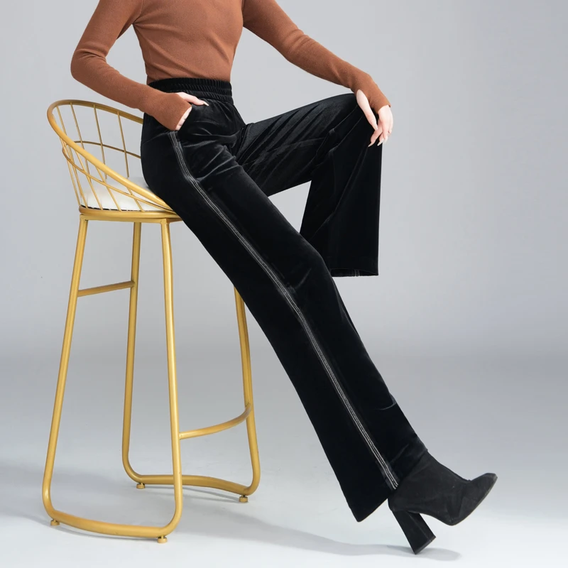 金丝绒阔腿裤女2025秋冬侧条纹弹力高腰垂坠感直筒裤宽松大码裤子