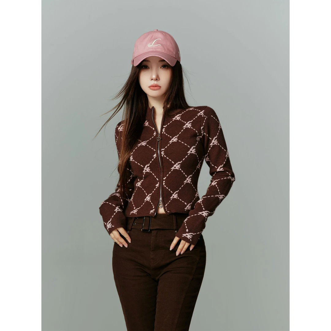 LulusMiracle【半糖摩卡】李小璐同款针织拉链提花上衣女复古针织衫