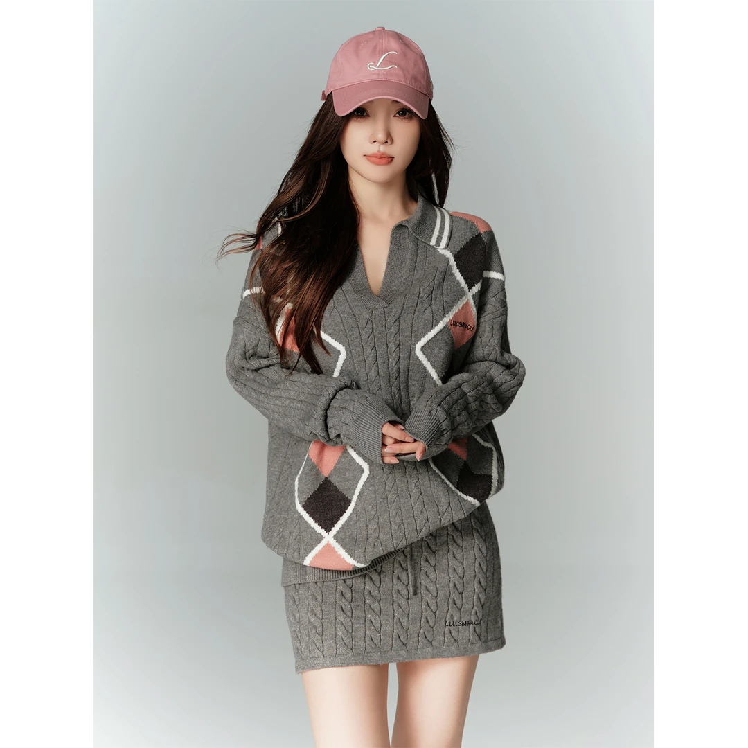 LulusMiracle【简爱日记】李小璐同款英式简约风拼色提花针织套装女