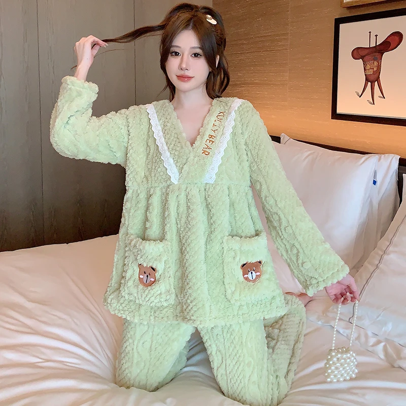 秋冬季2023款提花绒加绒加厚保暖睡衣女甜美时尚花边长袖家居服套