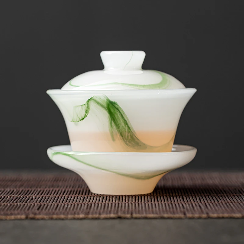 【闪购商品】琉璃飘绿玉瓷三才盖碗简约手工茶具家用泡茶盖碗