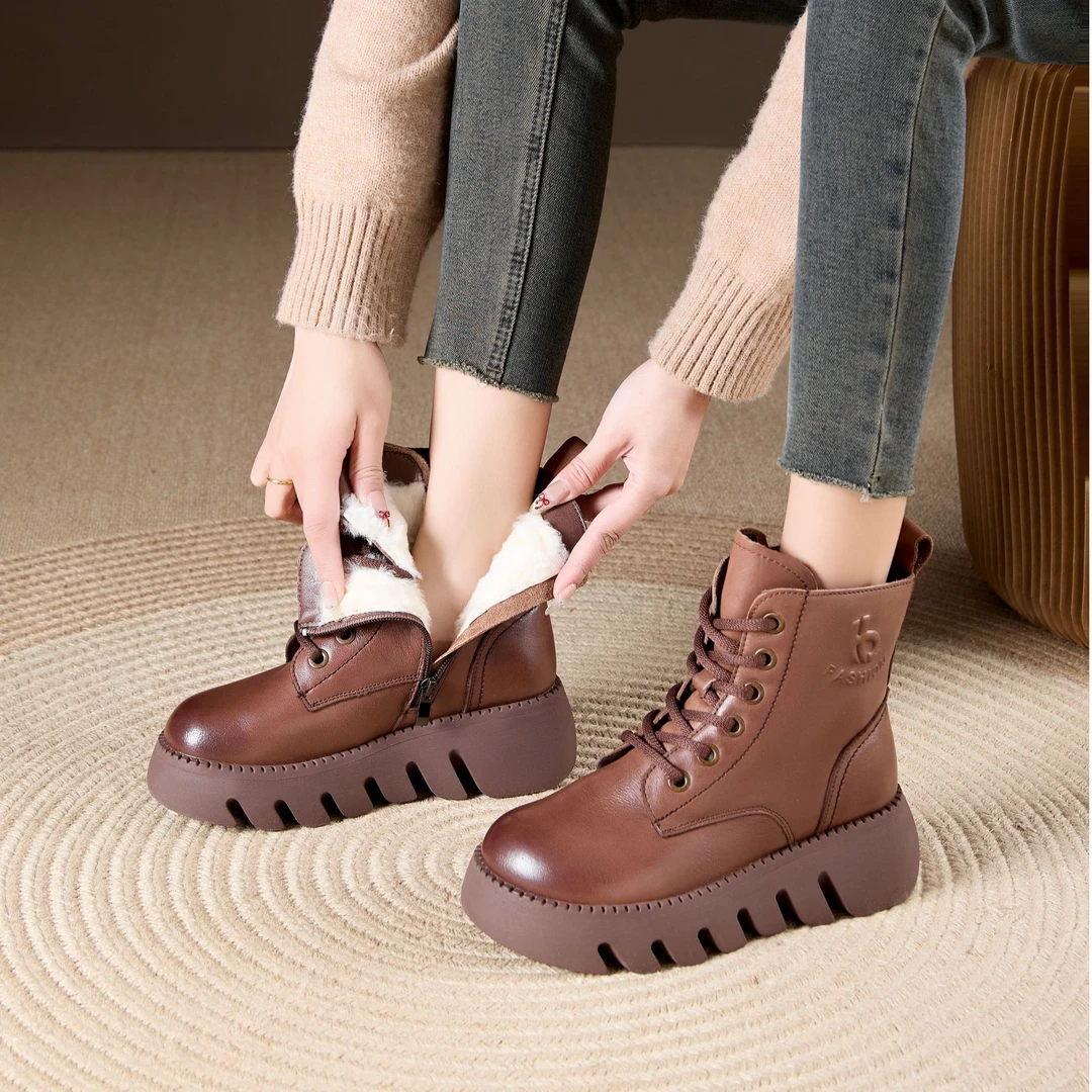 【木子手工】头层牛皮厚底大棉小个子冬季马丁靴真皮短靴8112-8