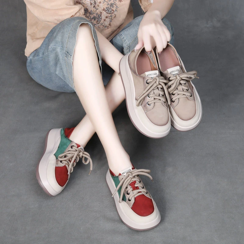 【木子】24秋款系带休闲运动鞋头层牛皮拼色厚底单鞋可两穿摇摇鞋