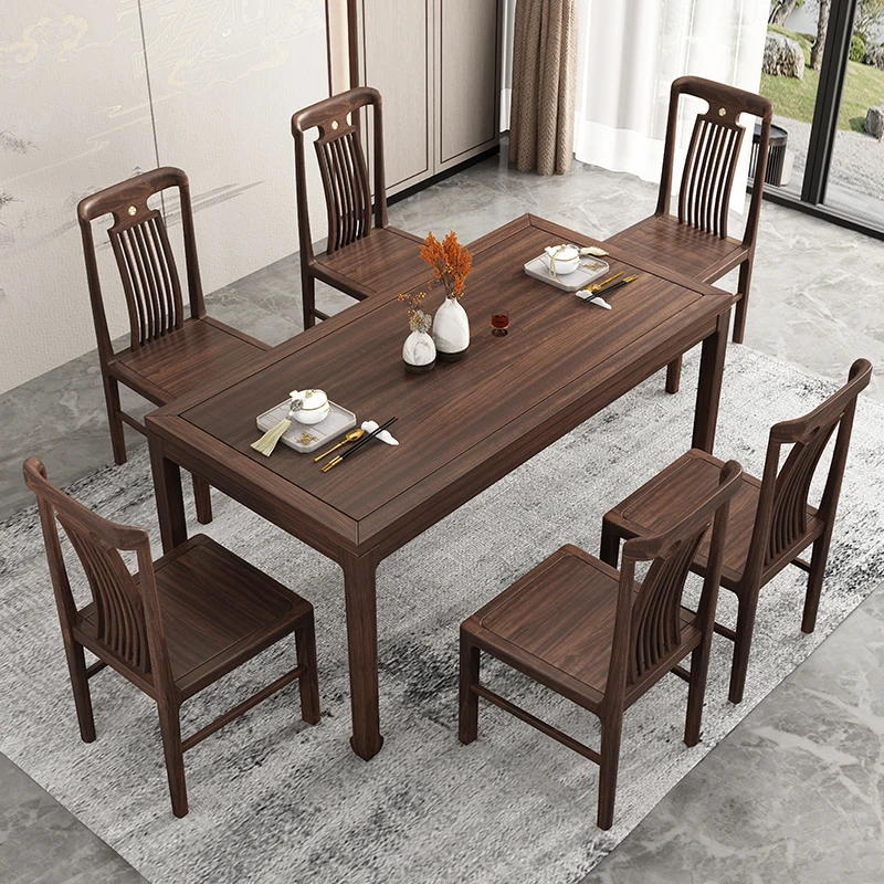 新中式乌金木餐桌 全实木长方形吃饭桌子 禅意极简长餐桌餐厅家具