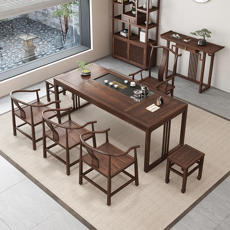 新中式乌金木茶台茶桌1.42米1.6米全实木家用办公茶桌椅湿泡茶桌