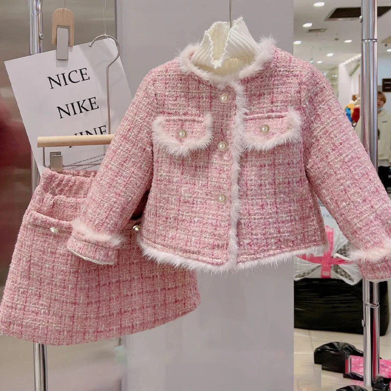 【冬季大促】2023冬装新款女童小香风夹棉外套+半身裙两件套加厚Z