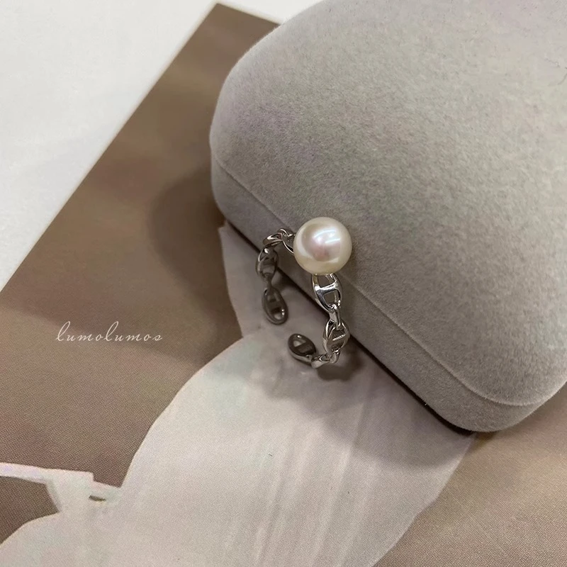 925银戒指 珍珠近圆强光猪鼻子戒指S925银开口可调节时尚百搭