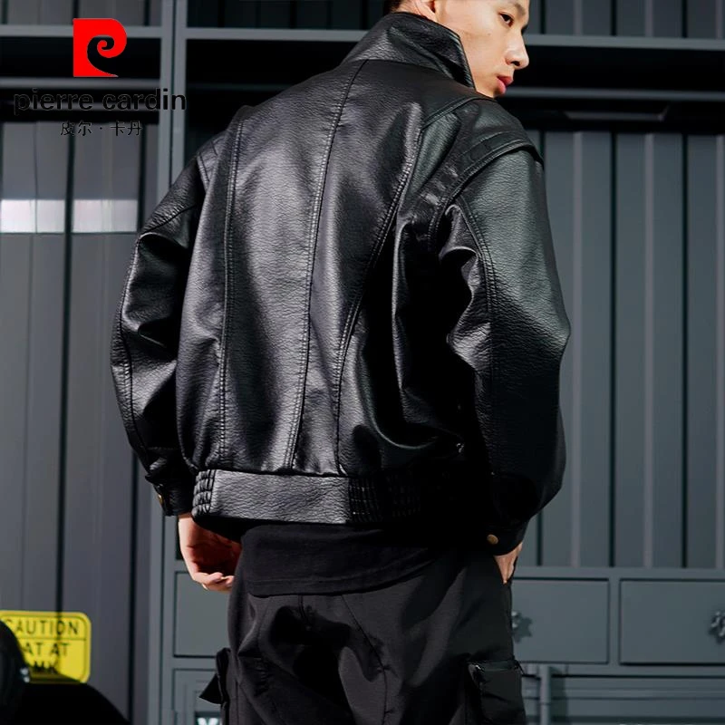 皮尔卡丹秋季新款复古痞帅PU机车皮衣男短款高级感飞行员夹克外套