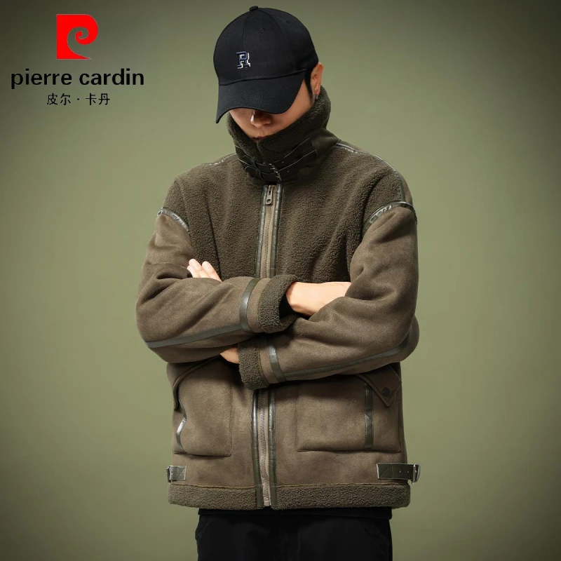 皮尔卡丹冬季加厚绿色羊羔绒棉衣外套男解构保暖机车夹克棉服外套